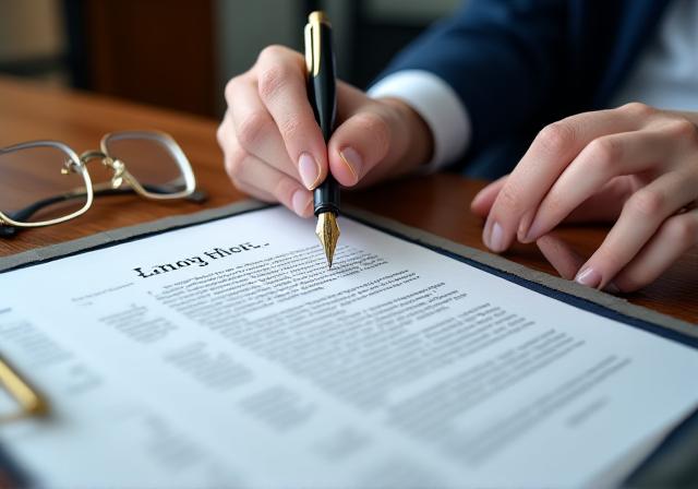 Legal professional reviewing a commercial contract with focus and precision
